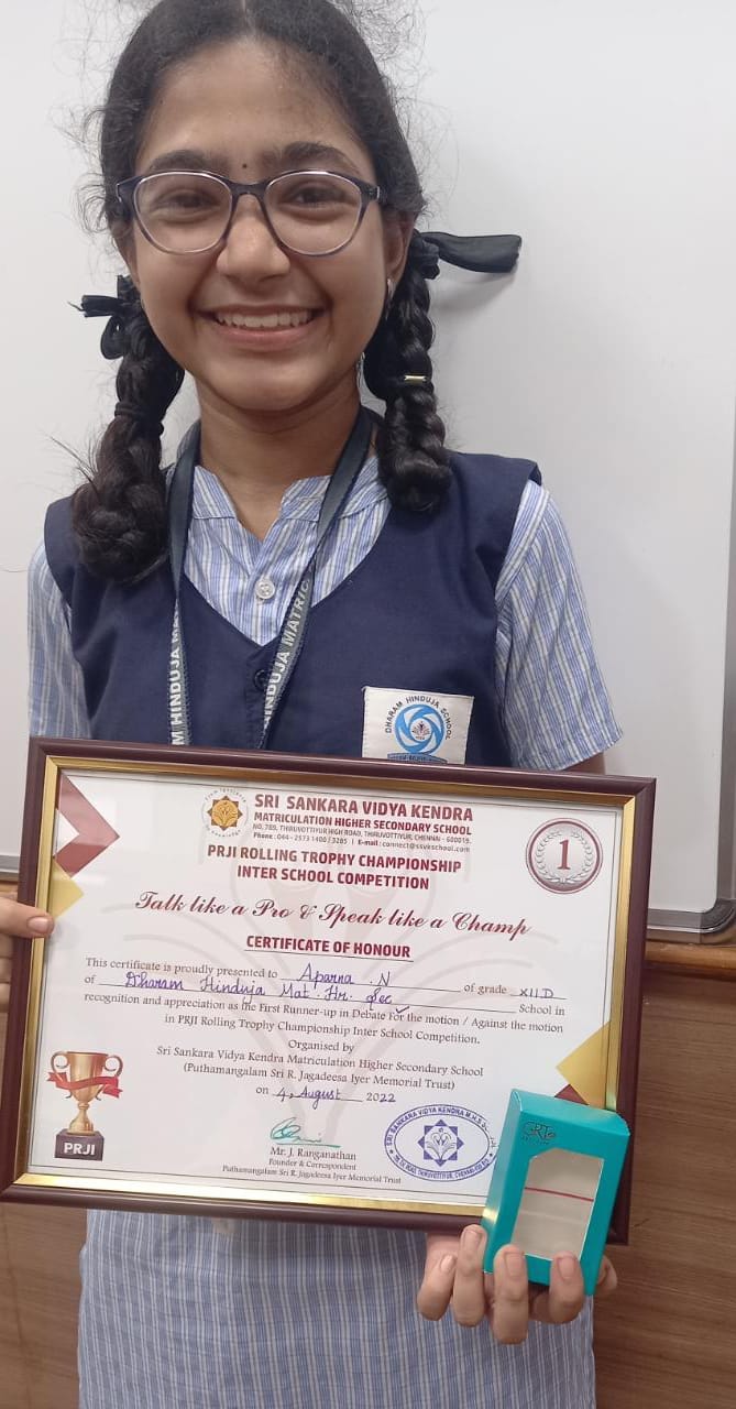 Aparna N of XII D won the second prize in debate, in PRJI  Rolling Trophy Championship , organised by Sankara Vidhya Kendra Matric HR. Sec School Thiruvottiyur.