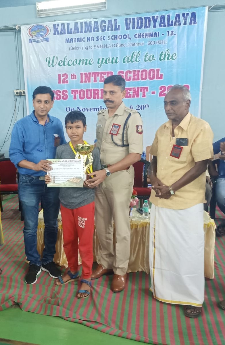 Jackson V X of VII A has won the first prize in 12th Inter School Chess Tournament,under 12, organised by Kalaimagal Vidhyalaya Matric HR.Sec. School.
